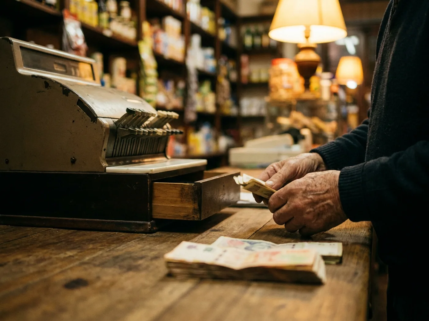 Las manos de un comerciante contando los billetes del día