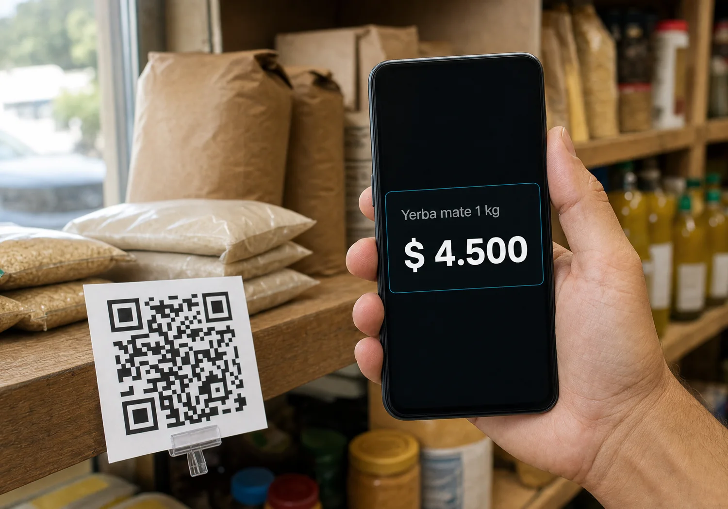 Una mano escanea con el teléfono la etiqueta con código QR de una góndola y ve el precio en la pantalla
